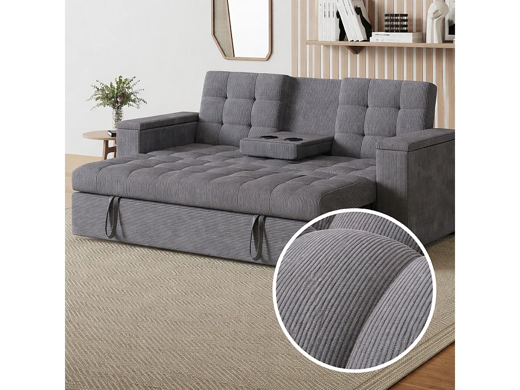 Sofá-Cama Conversível Modular de 3 Lugares em Veludo Cotelê Cinza com Armazenamento NOHO