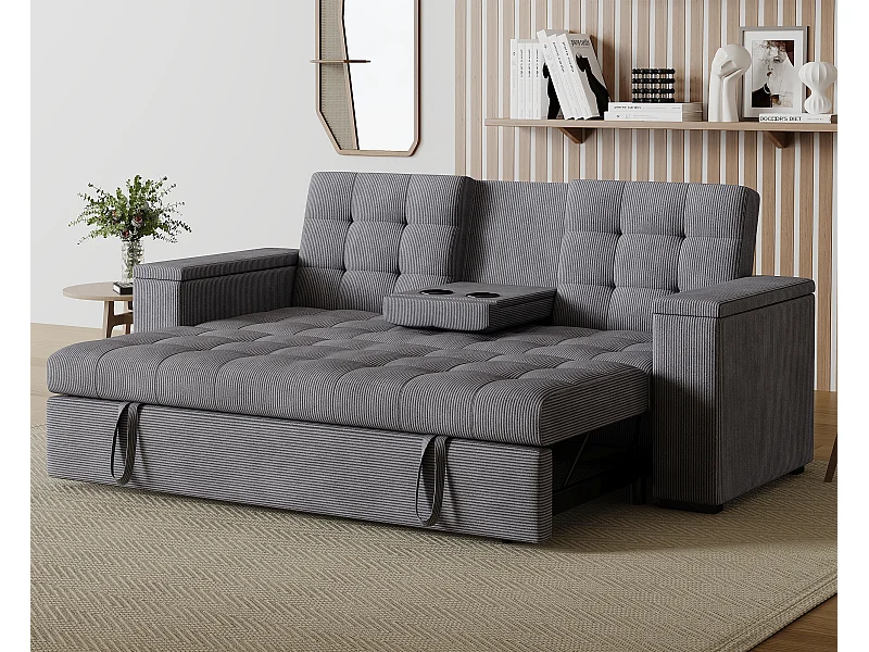 Modulaire 3-Zits Slaapbank van Grijze Ribfluweel met Opbergruimte NOHO