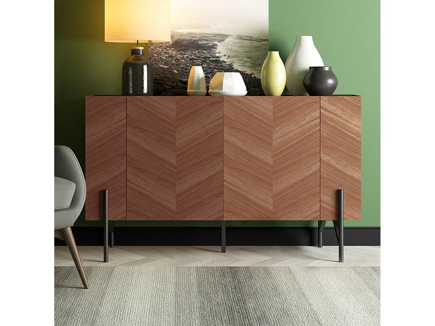 Buffet en bois vintage chevron noyer 120cm SEQUOIA