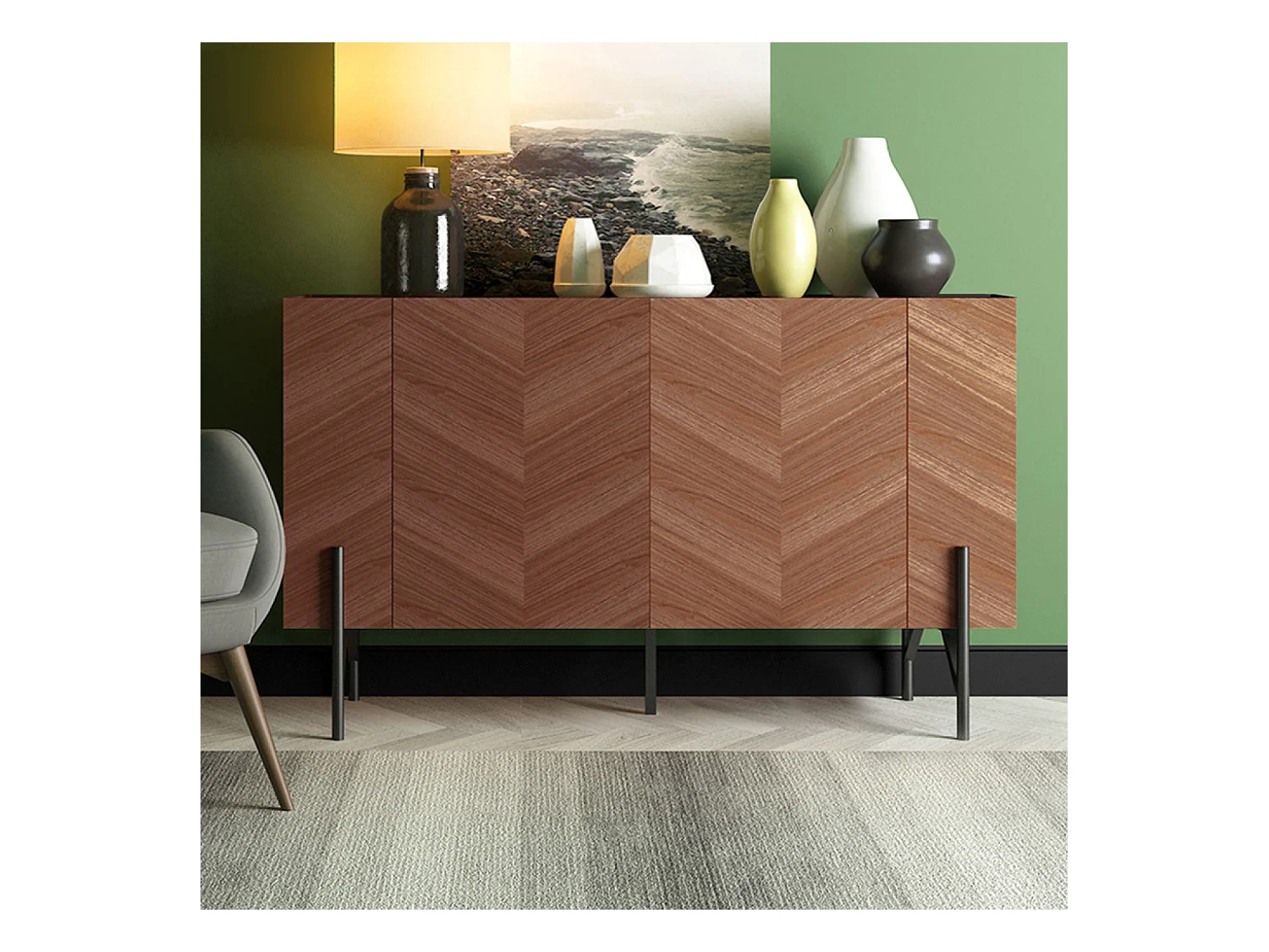 Buffet en bois vintage chevron noyer 120cm SEQUOIA