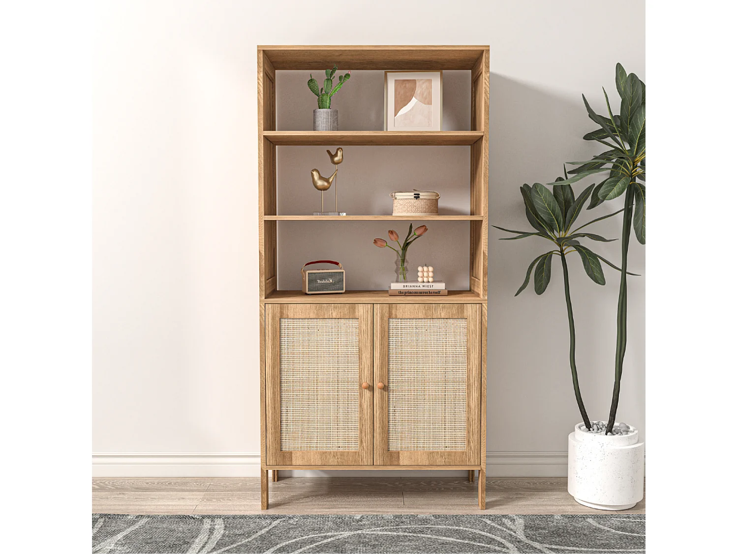 CANGE Servieskast met 3 planken en 2 deuren van riet