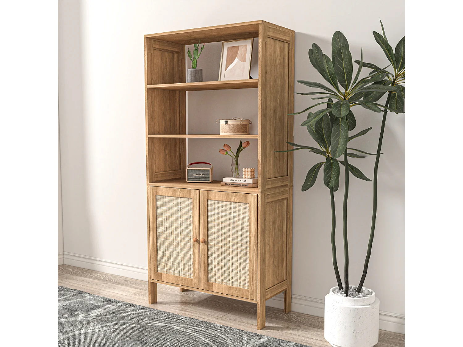 CANGE Servieskast met 3 planken en 2 deuren van riet