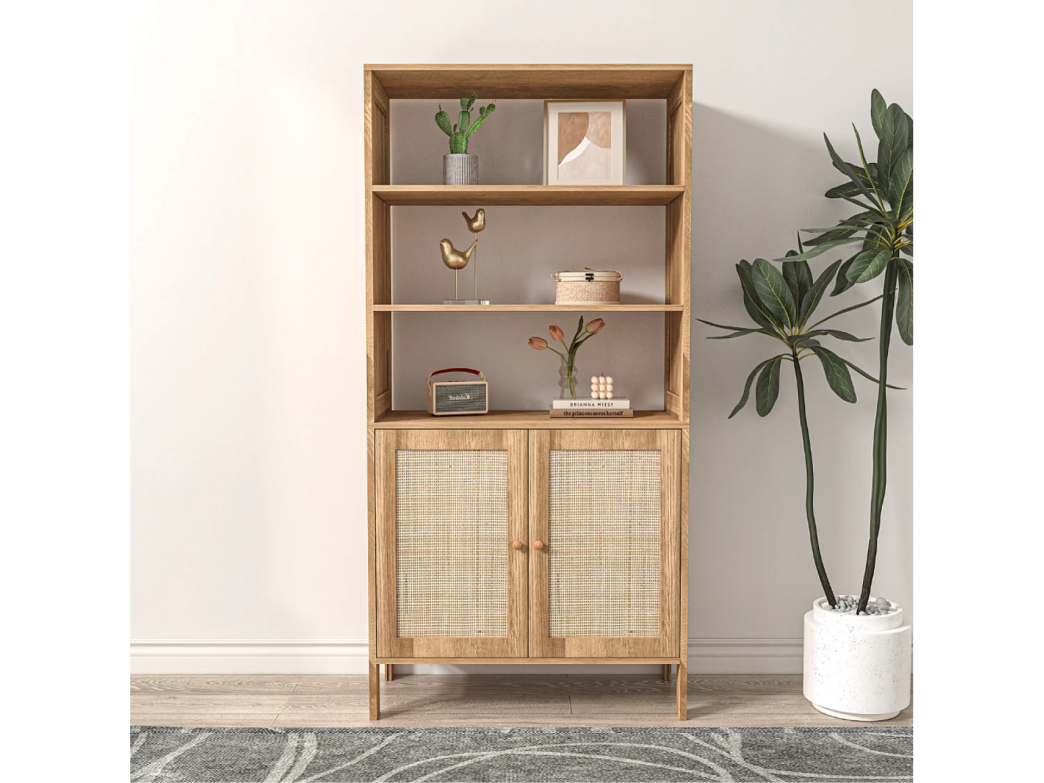 Vaisselier avec 3 étagères et 2 portes effeffet cannage CANGE