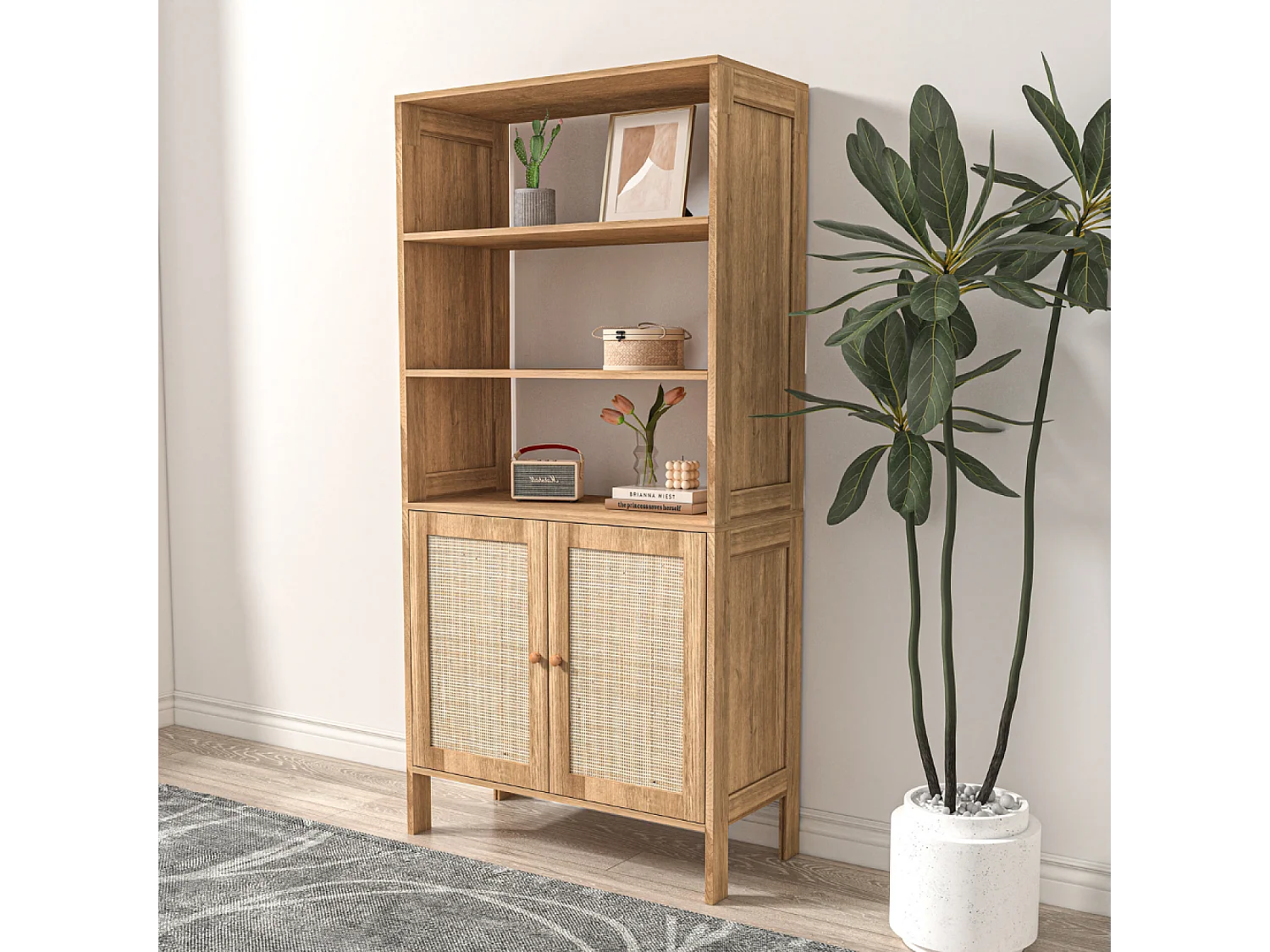 Vaisselier avec 3 étagères et 2 portes effeffet cannage CANGE