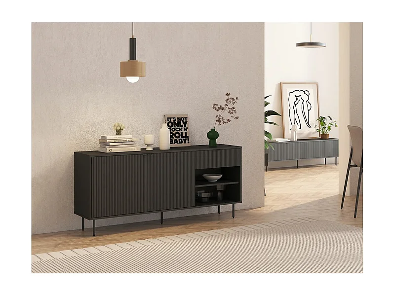 Buffet 2 portes et 1 tiroir PAYTON à lattes noir - 150x40 cm