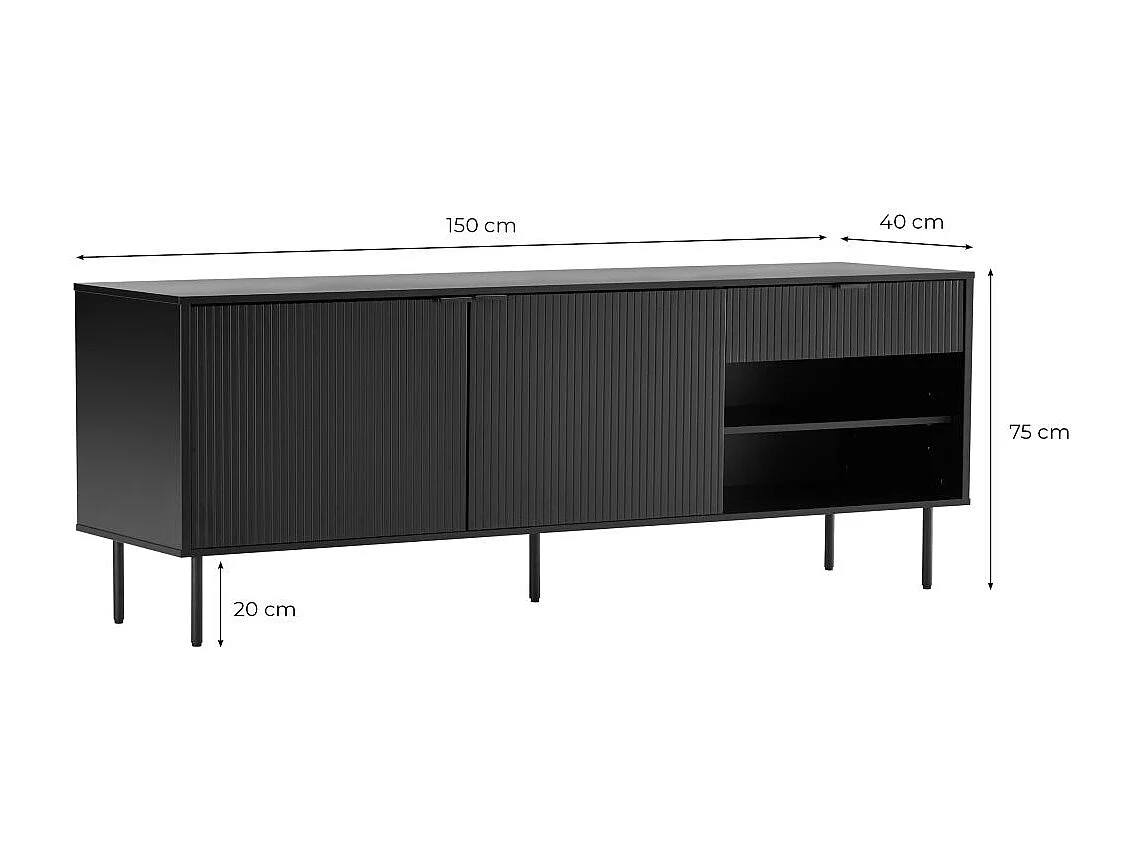 Buffet 2 portes et 1 tiroir PAYTON à lattes noir - 150x40 cm