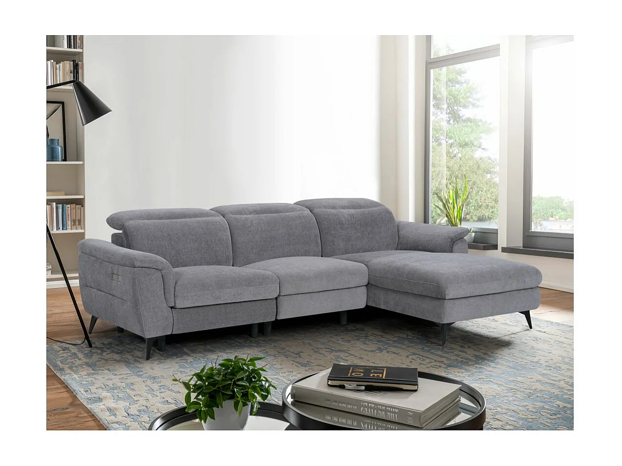 Canapé d'angle droit de relaxation électrique Shelby avec 1 assise relax - Gris - L275 x P176 x H80cm - Loungitude