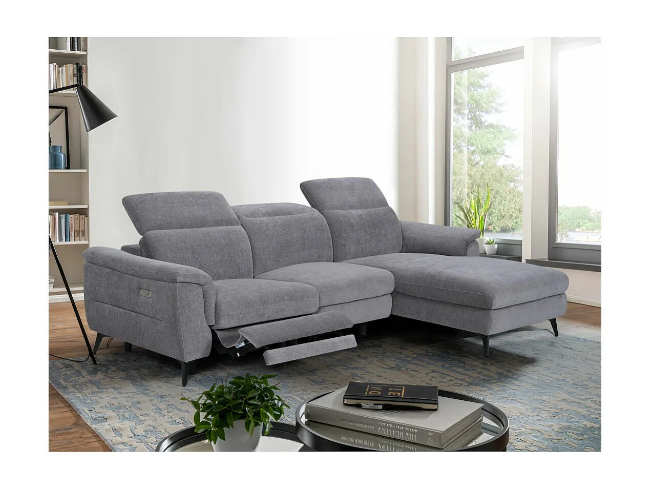 Canapé d'angle droit de relaxation électrique Shelby avec 1 assise relax - Gris - L275 x P176 x H80cm - Loungitude