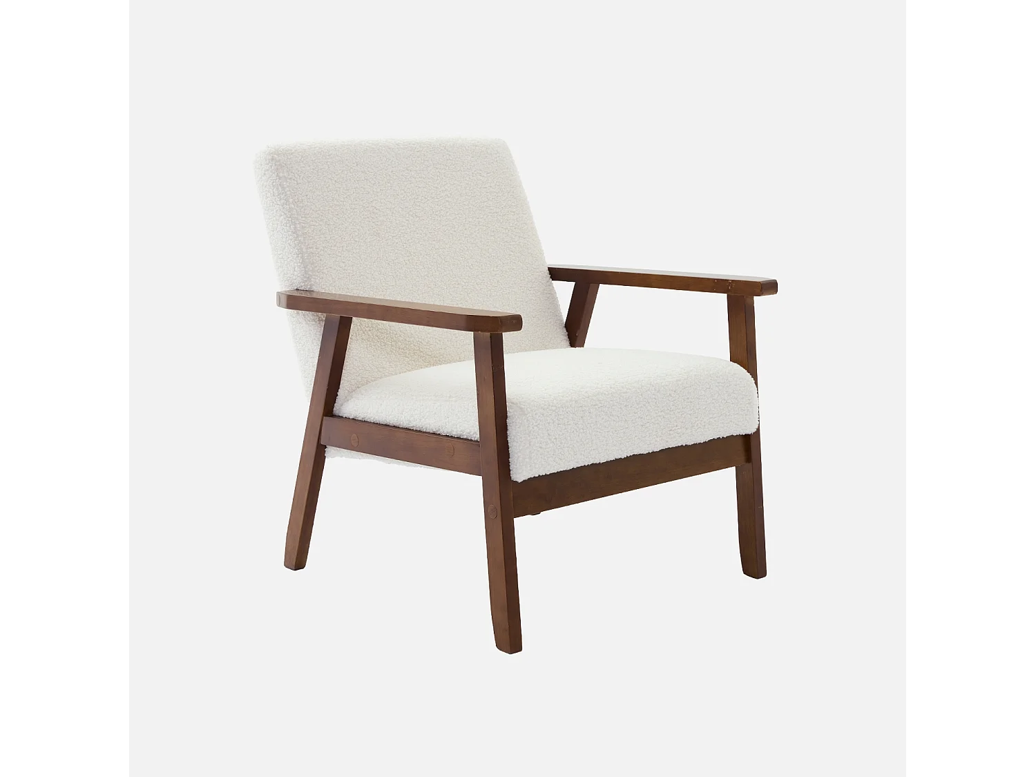 Fauteuil scandinave en bois d'hévéa teinté noyer clair et tissu bouclette. Isak. L 61 x P 65 x H 73cm