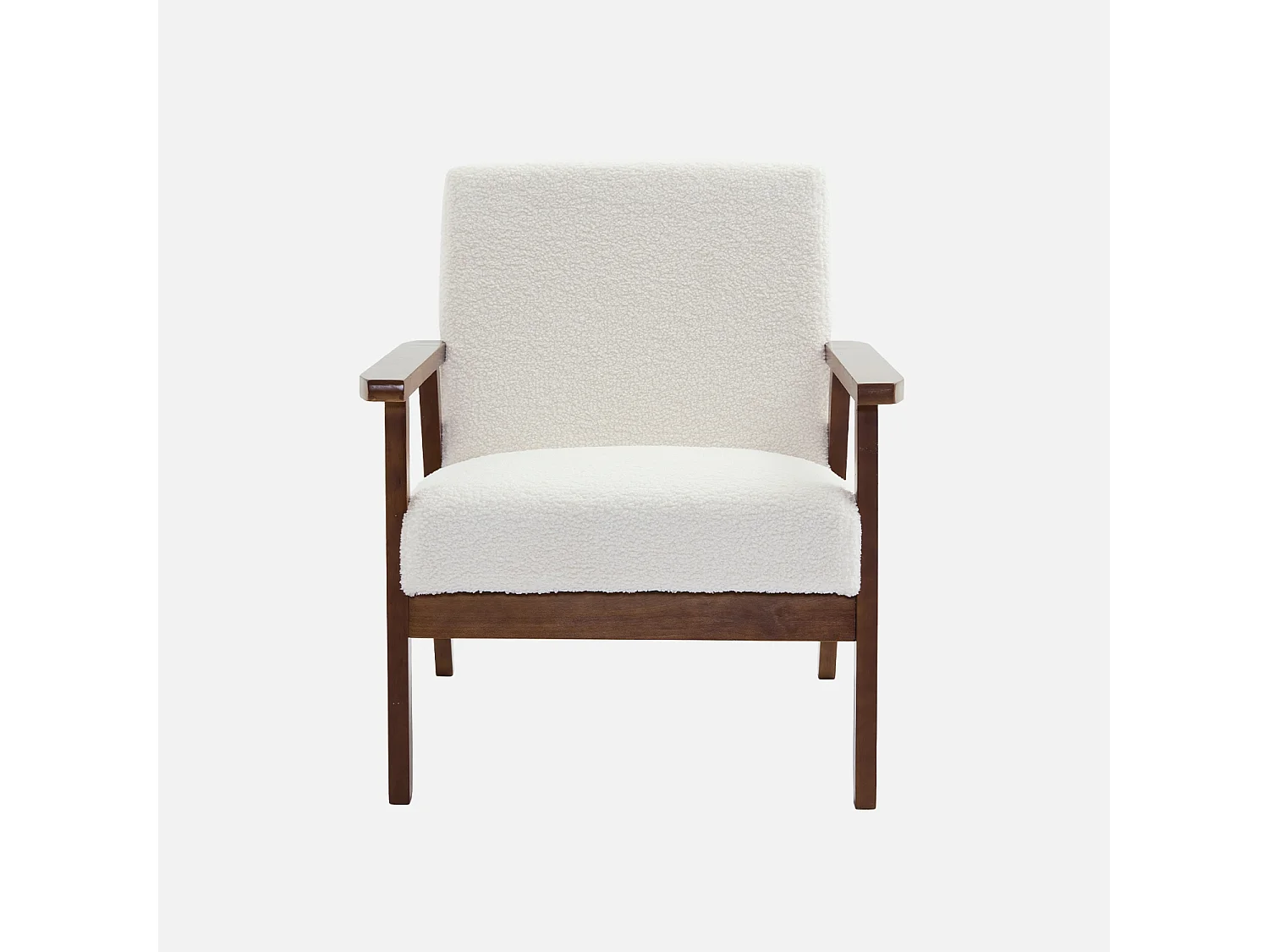 Fauteuil scandinave en bois d'hévéa teinté noyer clair et tissu bouclette. Isak. L 61 x P 65 x H 73cm