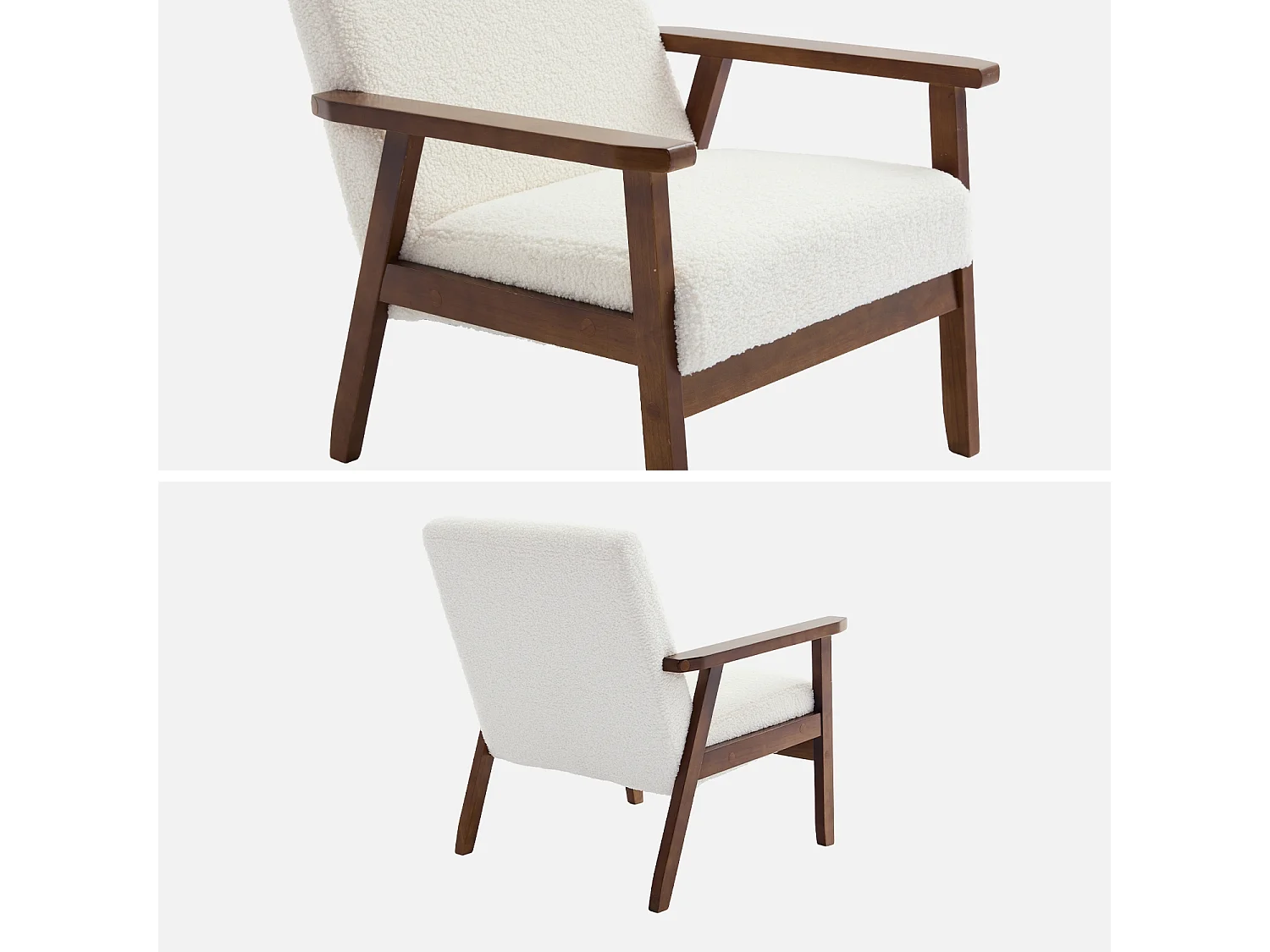 Fauteuil scandinave en bois d'hévéa teinté noyer clair et tissu bouclette. Isak. L 61 x P 65 x H 73cm