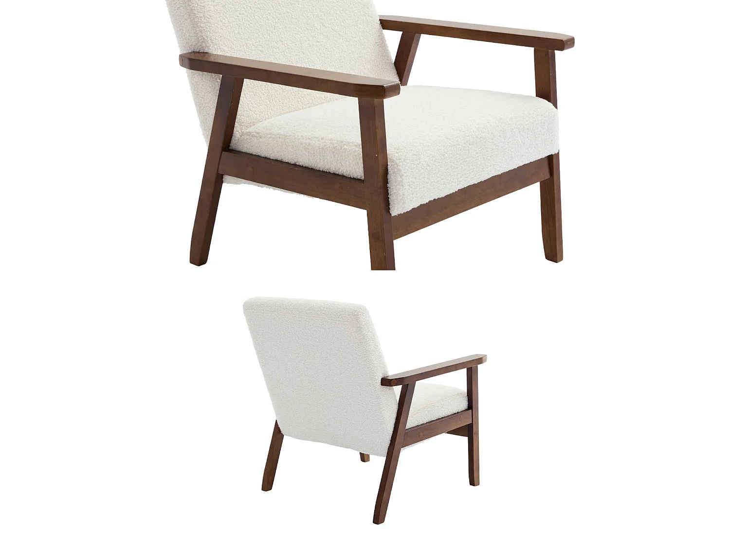 Fauteuil scandinave en bois d'hévéa teinté noyer clair et tissu bouclette. Isak. L 61 x P 65 x H 73cm