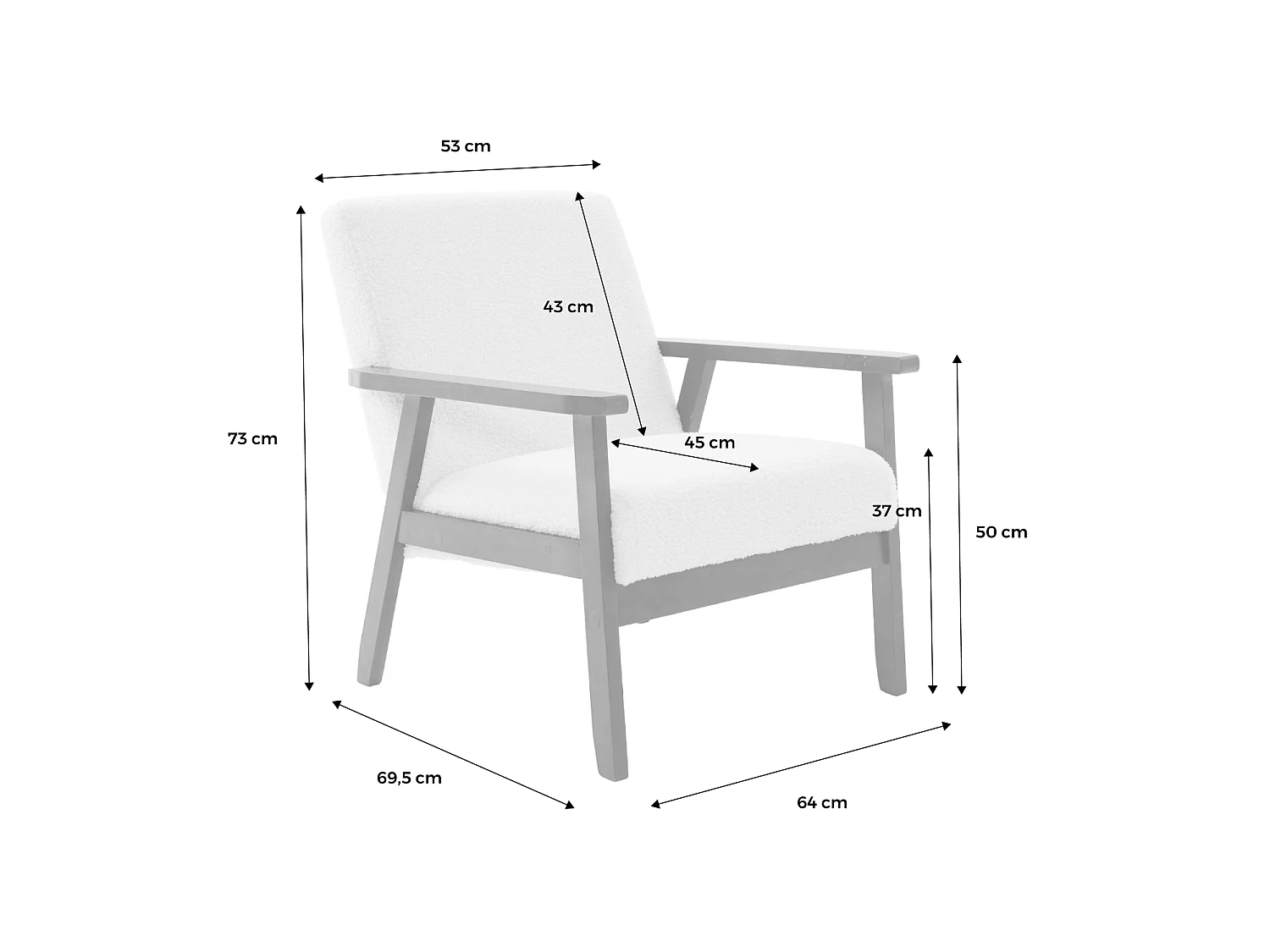 Fauteuil scandinave en bois d'hévéa teinté noyer clair et tissu bouclette. Isak. L 61 x P 65 x H 73cm