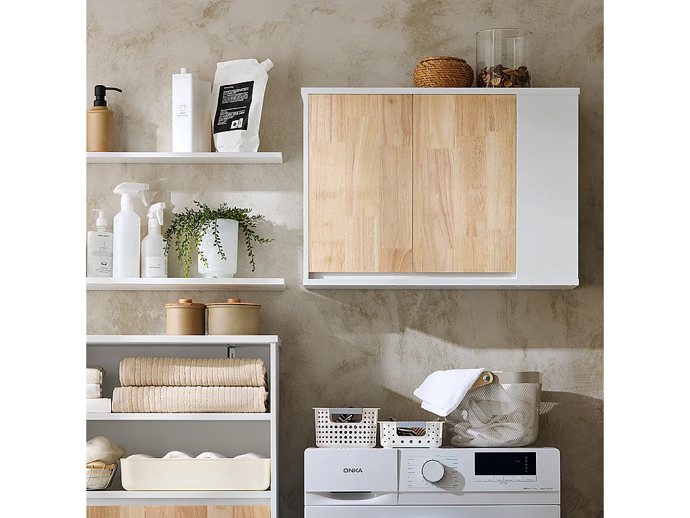 SoBuy BZR144-WN Armoire Murale, Placard de Rangement, Meuble Haut avec 2 Portes, Étagère latérale et Ouverte