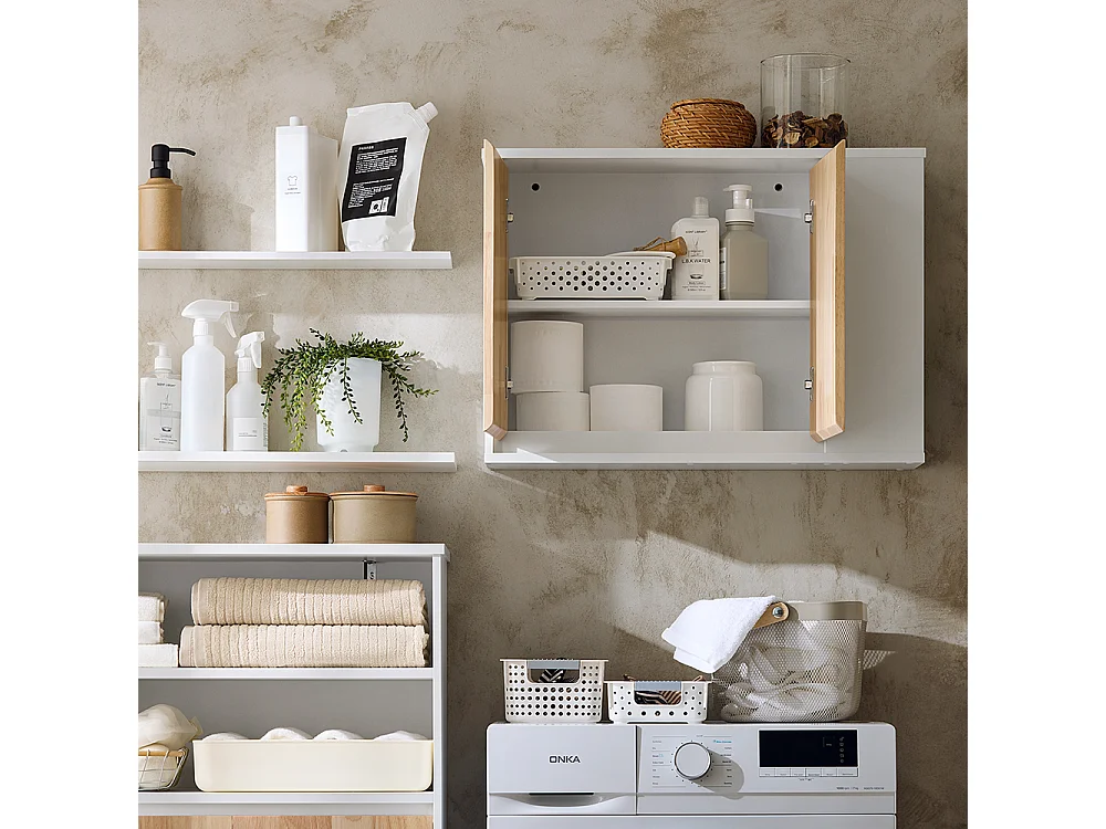 SoBuy BZR144-WN Armoire Murale, Placard de Rangement, Meuble Haut avec 2 Portes, Étagère latérale et Ouverte