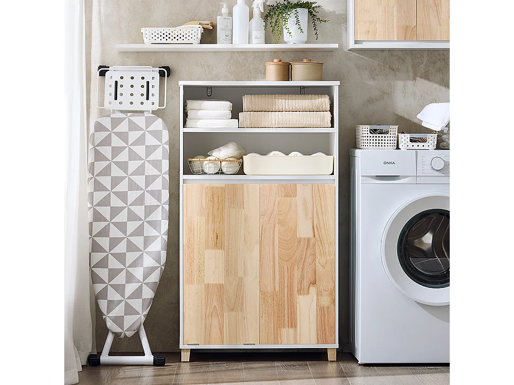 SoBuy Badkameronderkast met afneembare wasmand Handige linnenkast voor badkamer Toiletkast met 3 vakken en 1 wasmand, 64x33x110 cm, BZR143-WN