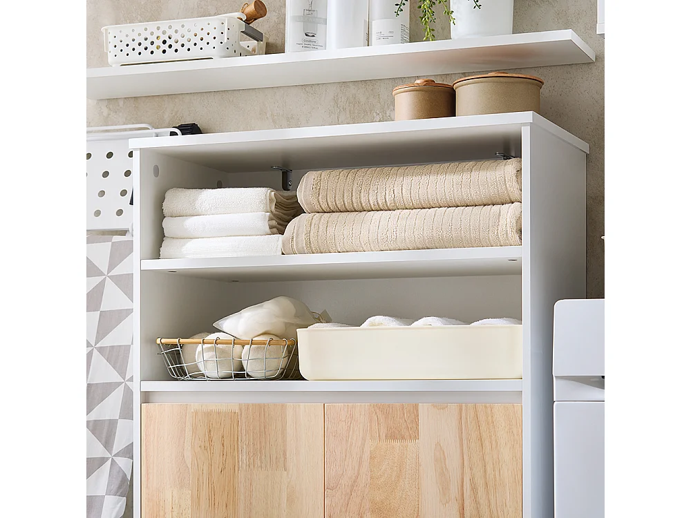 SoBuy Badkameronderkast met afneembare wasmand Handige linnenkast voor badkamer Toiletkast met 3 vakken en 1 wasmand, 64x33x110 cm, BZR143-WN