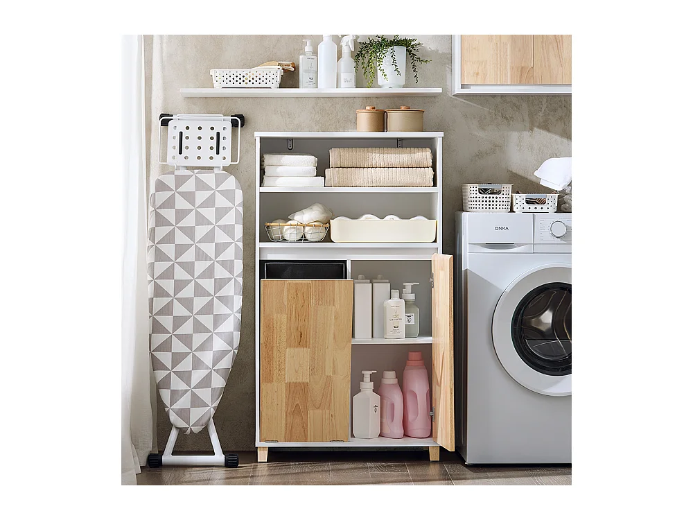 SoBuy Badkameronderkast met afneembare wasmand Handige linnenkast voor badkamer Toiletkast met 3 vakken en 1 wasmand, 64x33x110 cm, BZR143-WN