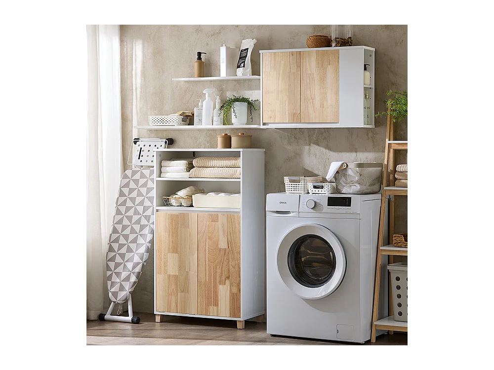 SoBuy Badkameronderkast met afneembare wasmand Handige linnenkast voor badkamer Toiletkast met 3 vakken en 1 wasmand, 64x33x110 cm, BZR143-WN