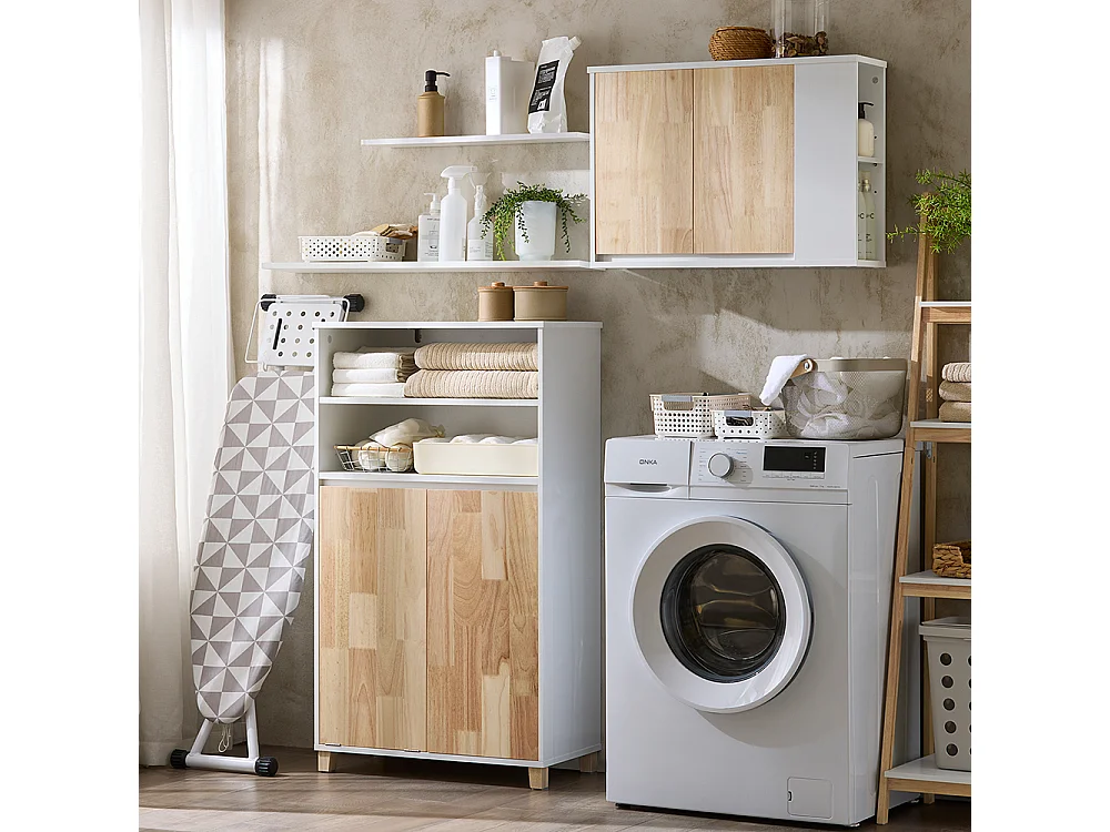 Armario de baño con cesto para Colada Mueble Auxiliar para baño con Estante con 2 estantes y 1 Puerta Blanco 64 x 33 x 110 cm BZR143-WN SoBuy ES