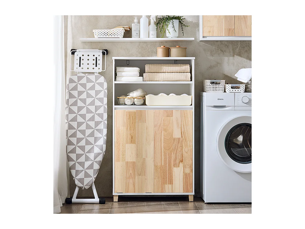 Armario de baño con cesto para Colada Mueble Auxiliar para baño con Estante con 2 estantes y 1 Puerta Blanco 64 x 33 x 110 cm BZR143-WN SoBuy ES