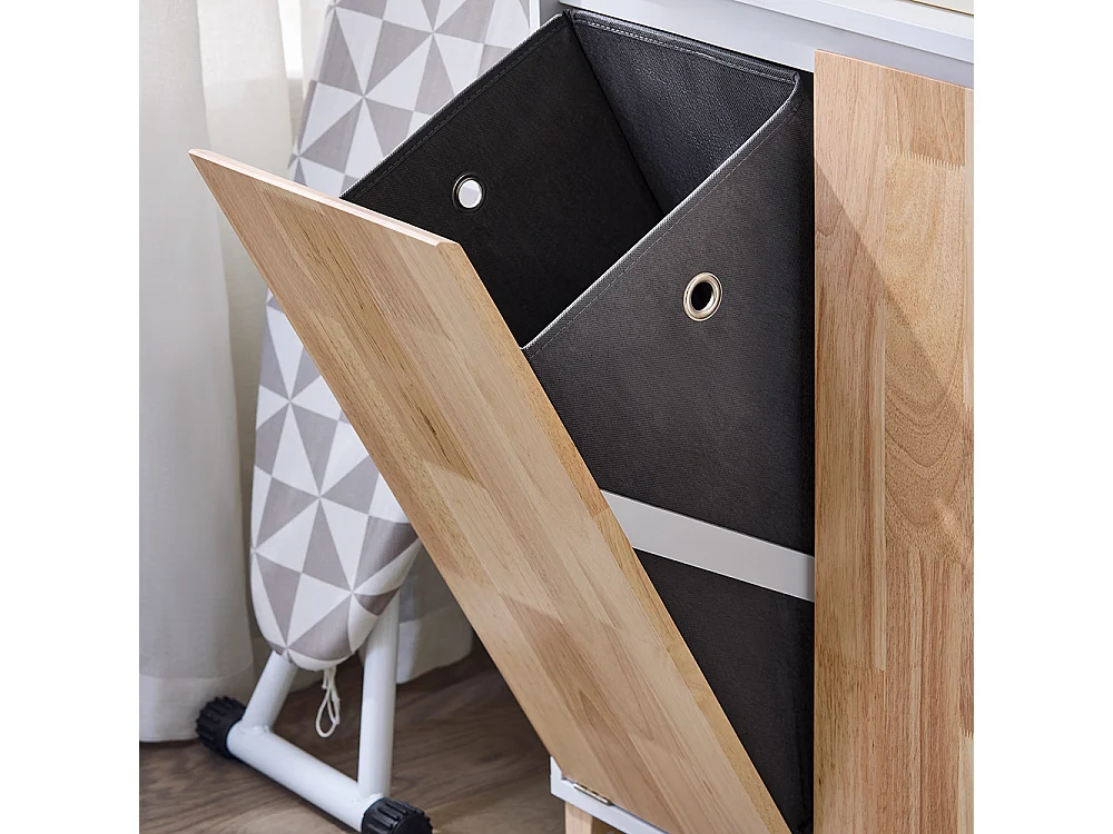 SoBuy BZR143-WN Meuble Bas de Salle de Bain avec Bac à Linge Amovible avec 3 Compartiments et 1 Panier à Linge