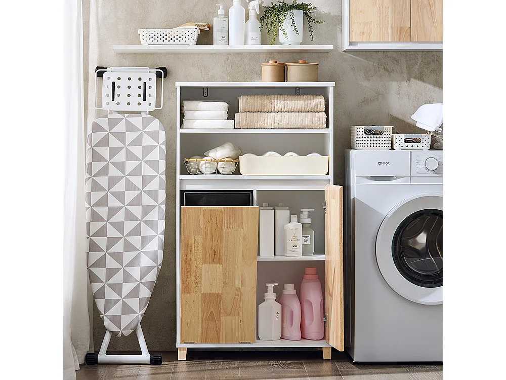 SoBuy BZR143-WN Meuble Bas de Salle de Bain avec Bac à Linge Amovible avec 3 Compartiments et 1 Panier à Linge