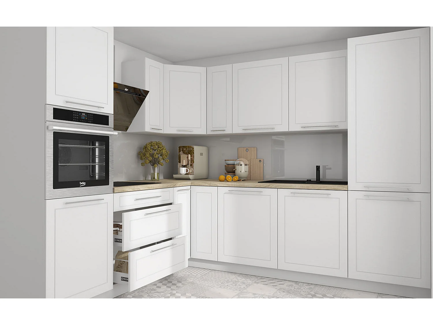 WINKELKÜCHE Kvantum weiß matt, Arbeitsplatte Eiche Sonoma  270 / 230 / 207cm 11-teilig