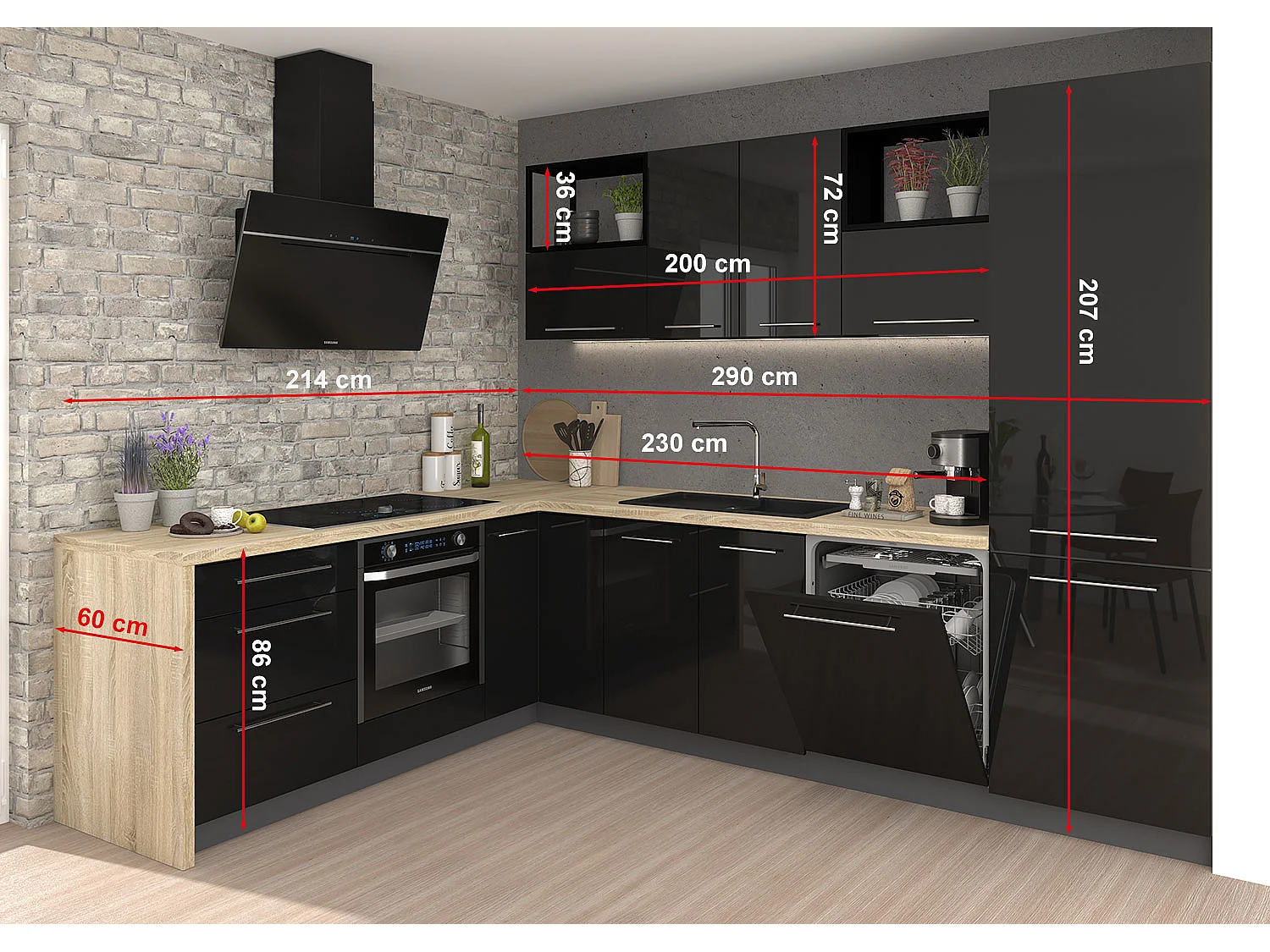 WINKELKÜCHE Essen lava matt / schwarz Hochglanz & Matt ; Arbeitsplatte Eiche Sonoma 290 / 210 / 207cm 11-teilig