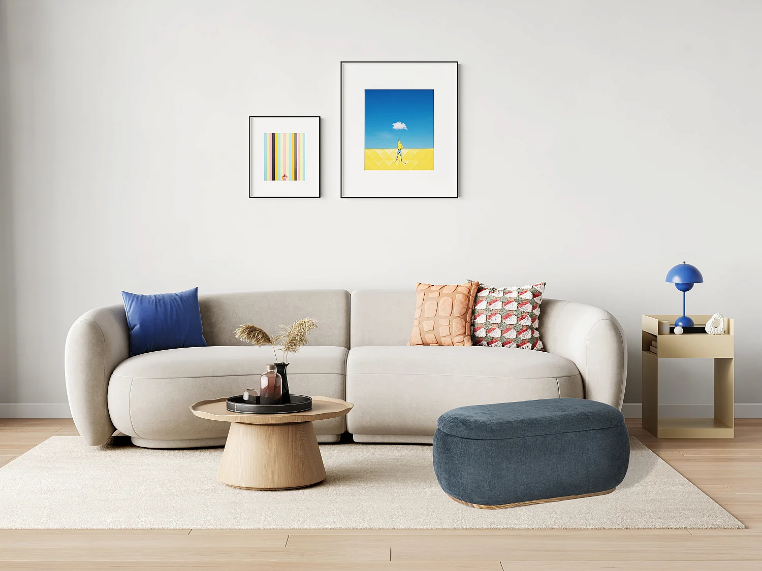 Pouf coffre de rangement en tissu texturé bleu MOPILO