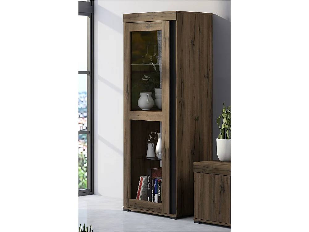 VITRINE Avignon Edeleiche / Absetzungen schwarz, Rückwand weiß 65,5 / 50 / 181,5cm