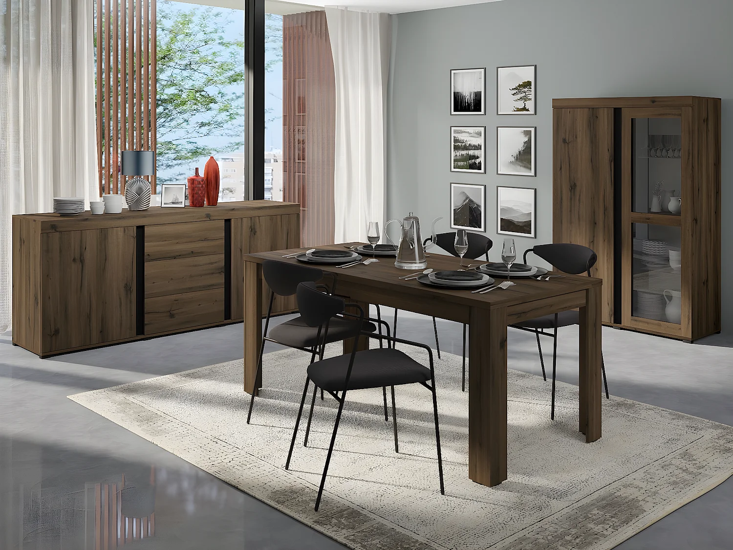 VITRINE Avignon Edeleiche / Absetzungen schwarz, Rückwand weiß 65,5 / 50 / 181,5cm