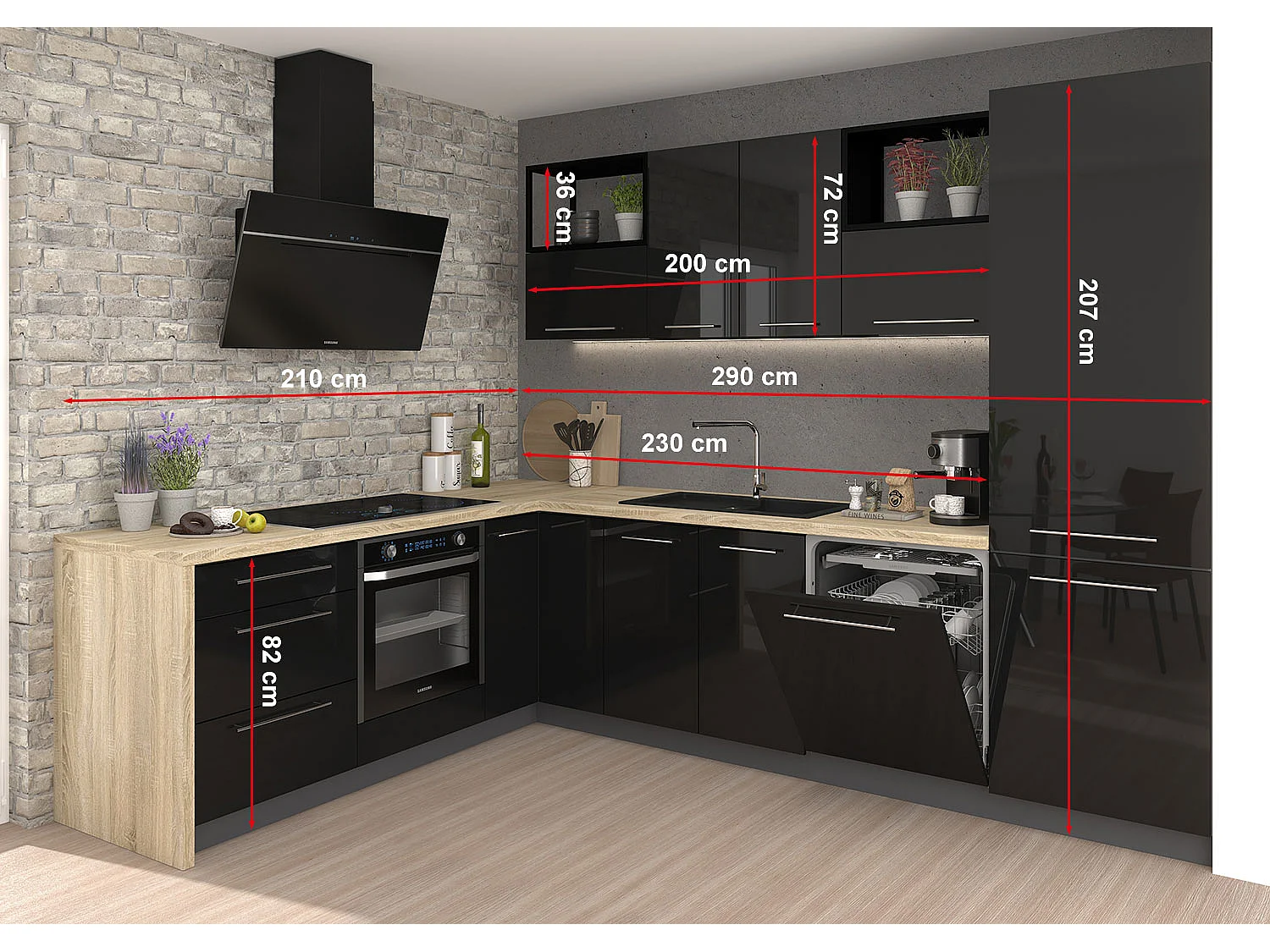 WINKELKÜCHE Essen lava matt / schwarz Hochglanz & Matt 290 / 210 / 207cm 11-teilig