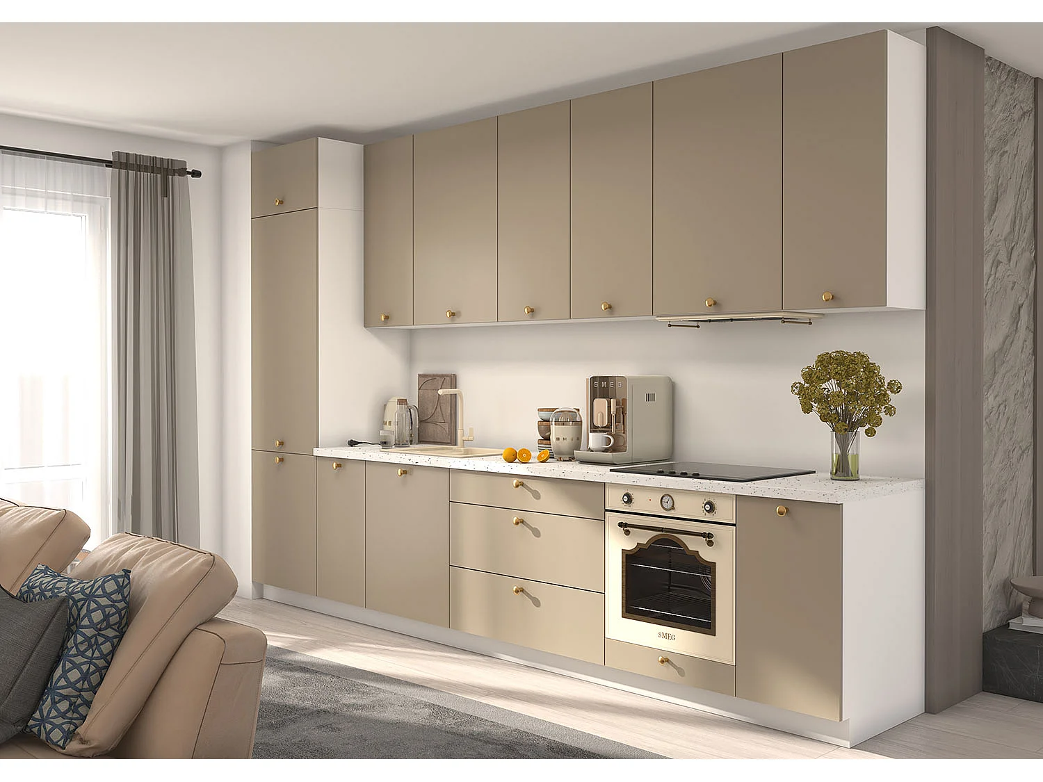 KÜCHENLEERBLOCK Bonn weiß matt / stone grey matt, Arbeitsplatte Andromeda Weiß 350 / 59 / 243cm 9-teilig