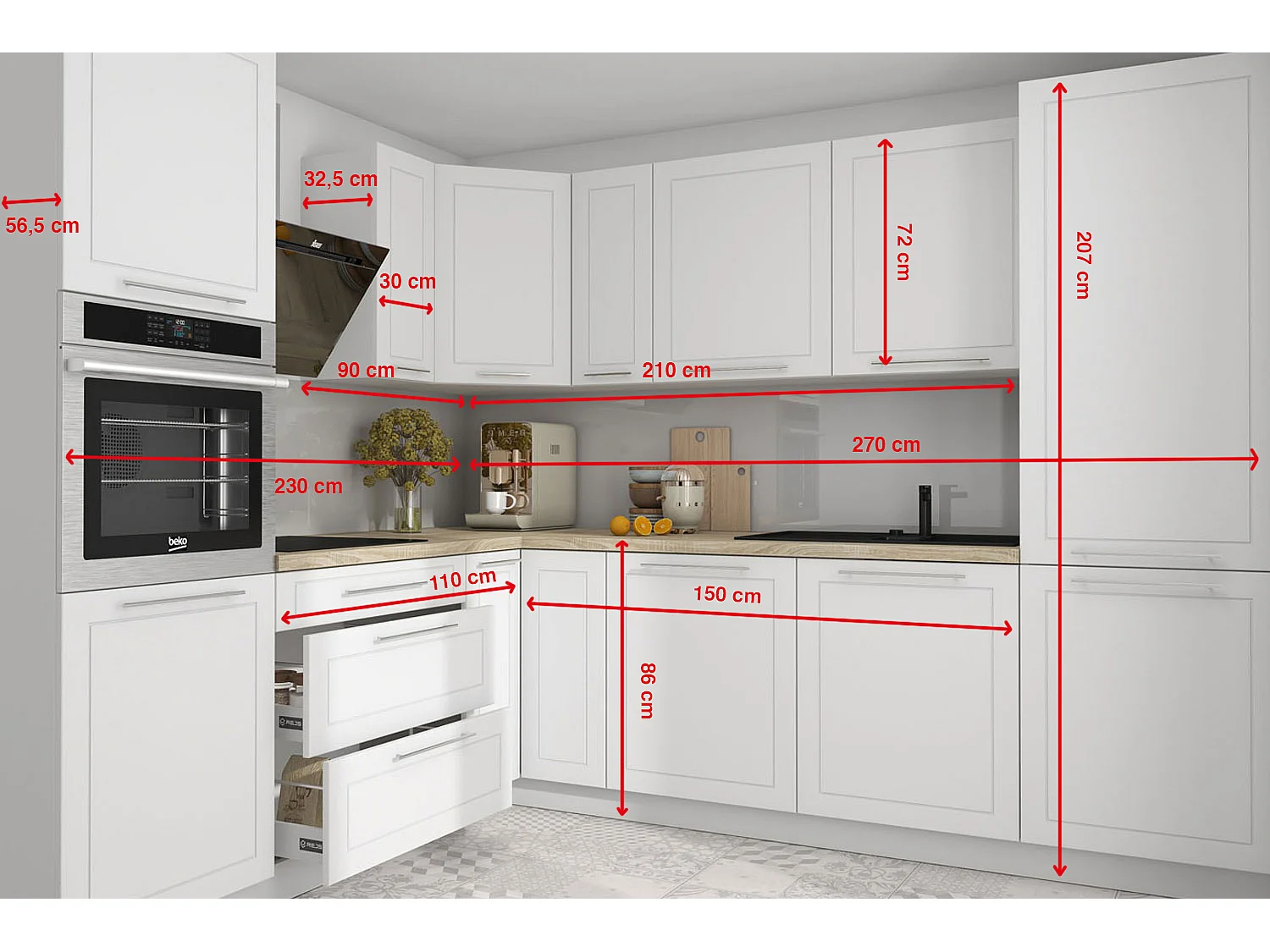 WINKELKÜCHE Kvantum weiß matt, Arbeitsplatte Eiche Sonoma  270 / 230 / 207cm 11-teilig