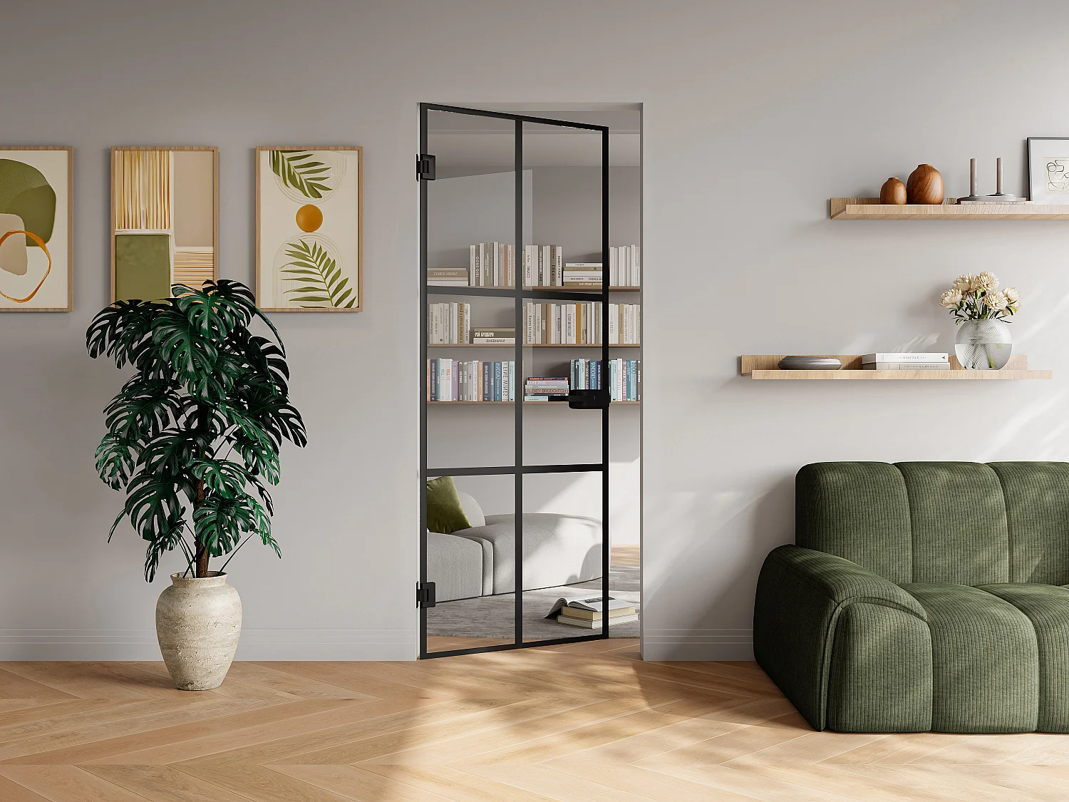 Vändbar dörr utan karm i härdat glas - Svart - H204 x B73 cm - SEROTO