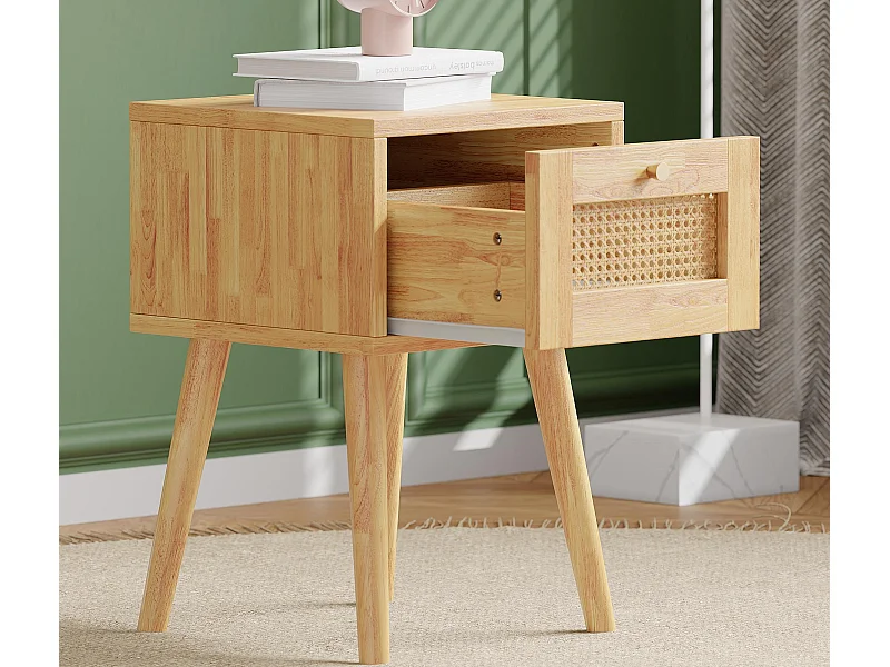 Nachttisch mit 1 Schublade – aus Spanplatte und PE-Rattan – Natur