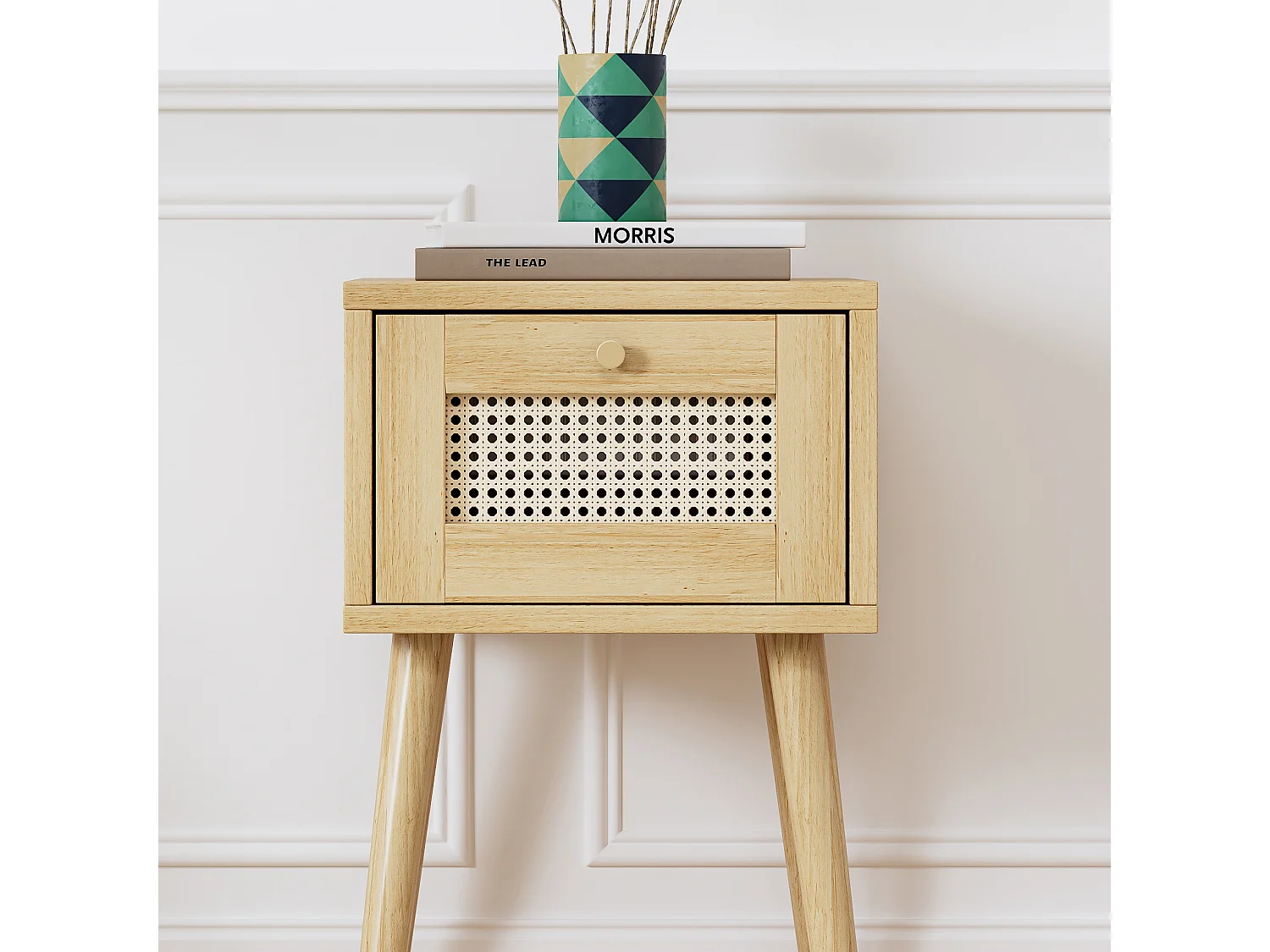 Table de chevet avec 1 tiroir - en panneaux de particules et rotin PE - Naturel