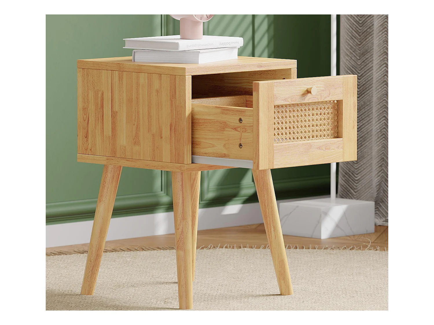 Table de chevet avec 1 tiroir - en panneaux de particules et rotin PE - Naturel