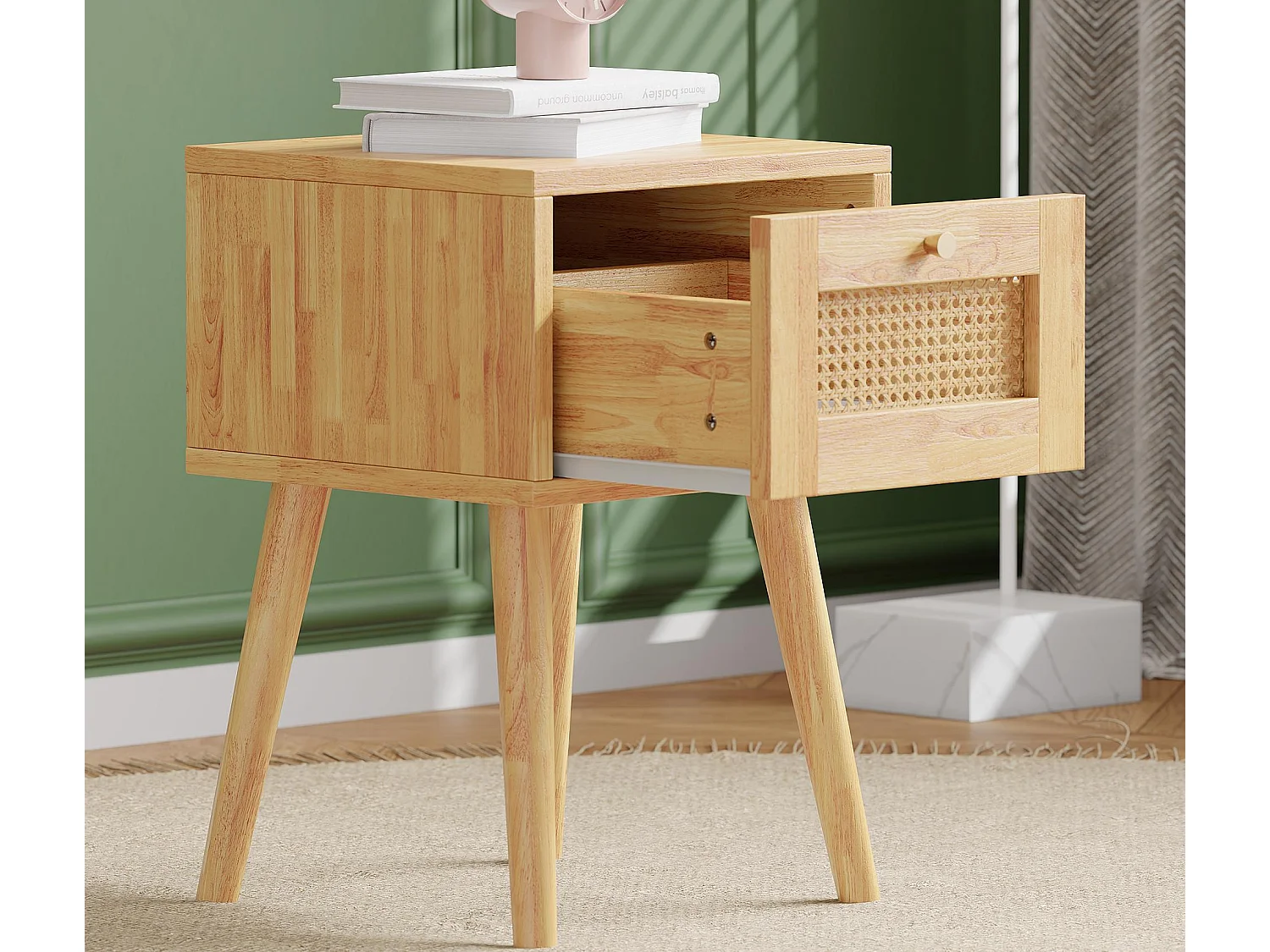 Table de chevet avec 1 tiroir - en panneaux de particules et rotin PE - Naturel