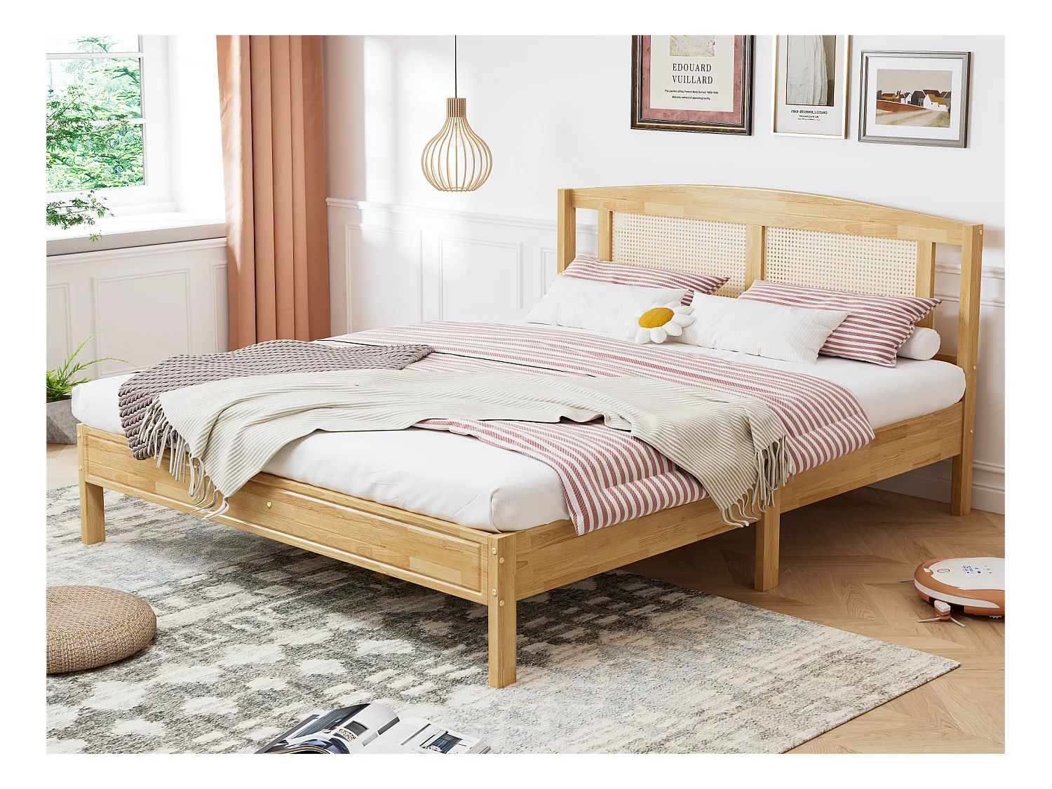 Lit double adulte 160X200 cm - en bois de pin et tête en rotin - Naturel