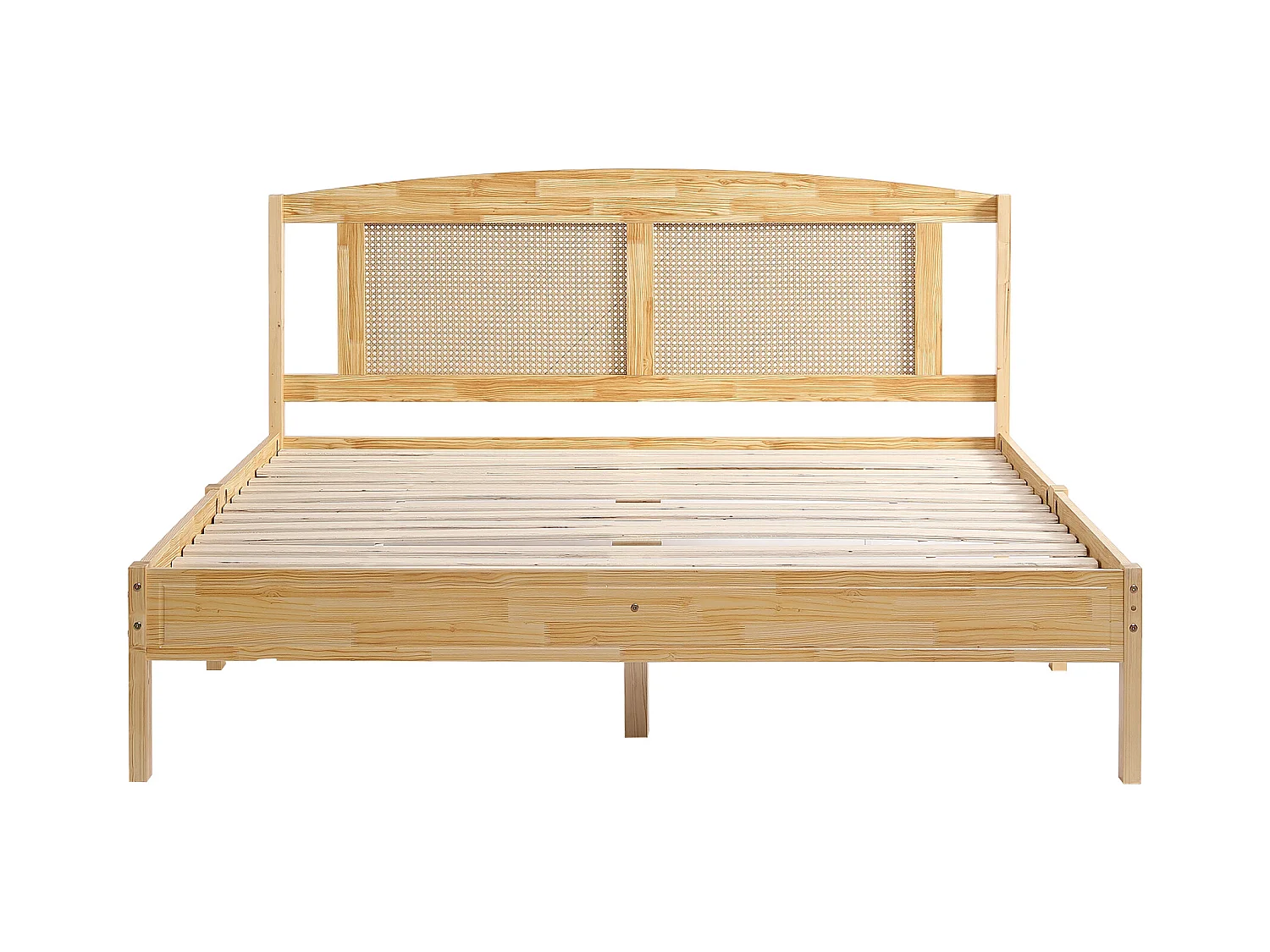 Lit double adulte 160X200 cm - en bois de pin et tête en rotin - Naturel