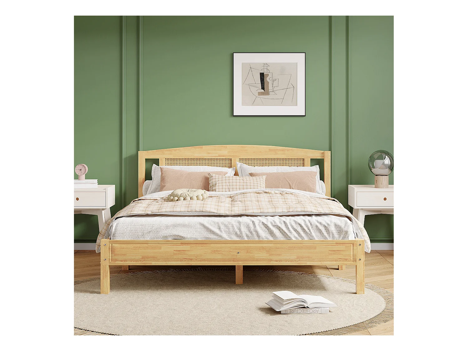 Lit double adulte 160X200 cm - en bois de pin et tête en rotin - Naturel