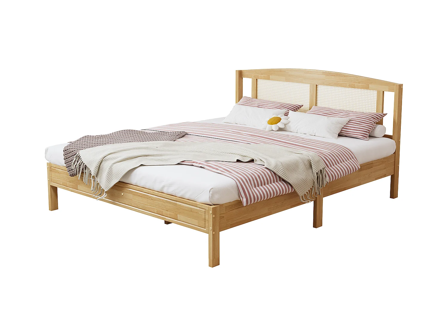 Lit double adulte 160X200 cm - en bois de pin et tête en rotin - Naturel