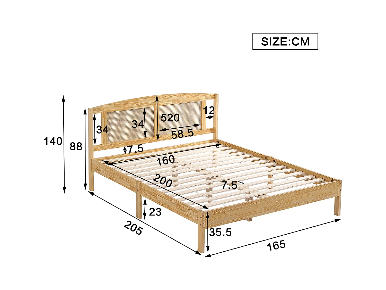 Lit double adulte 160X200 cm - en bois de pin et tête en rotin - Naturel