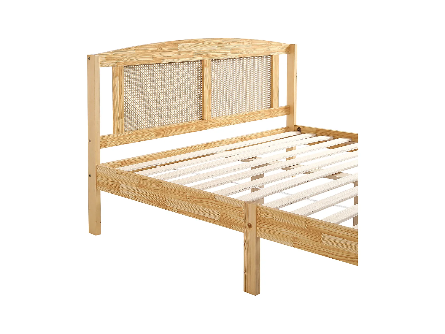 Lit double adulte 160X200 cm - en bois de pin et tête en rotin - Naturel