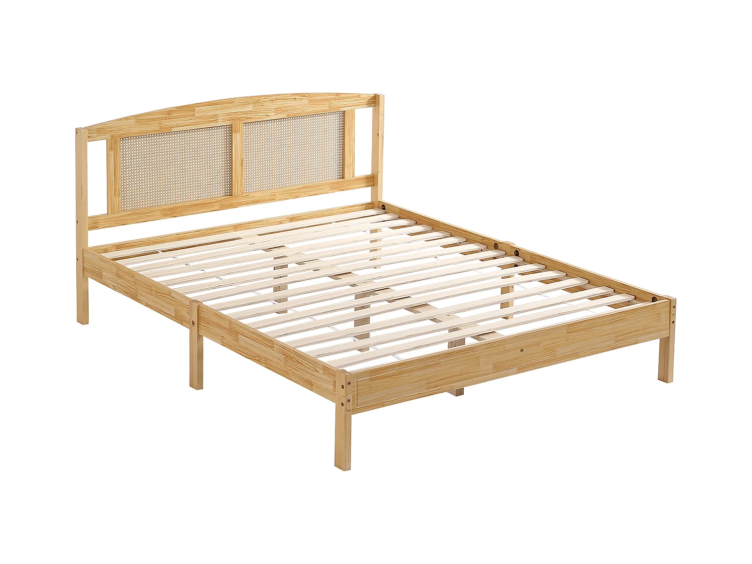 Lit double adulte 160X200 cm - en bois de pin et tête en rotin - Naturel