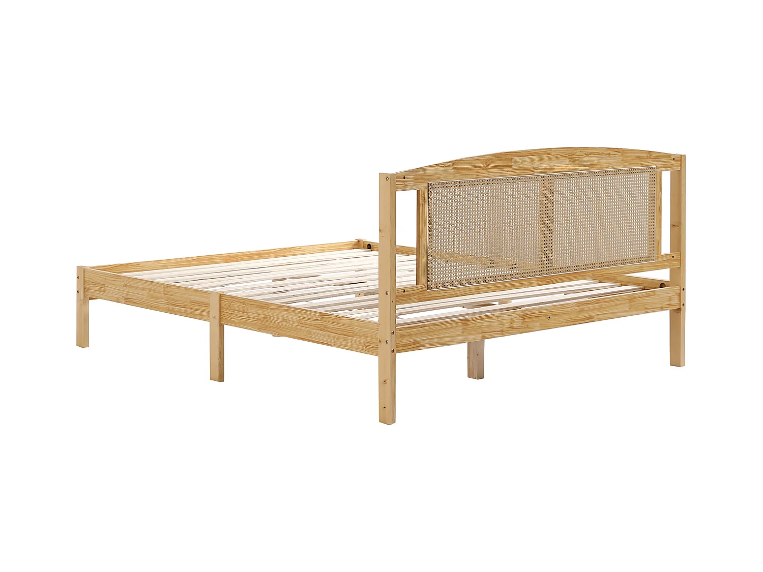 Lit double adulte 160X200 cm - en bois de pin et tête en rotin - Naturel