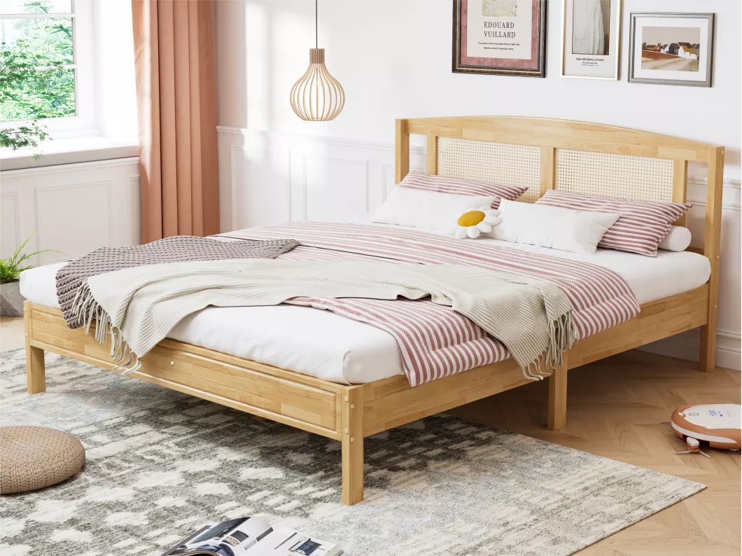 Kauf Unique Doppelbett für Erwachsene 160 x 200 cm – Kopfteil aus Kiefernholz und Rattan – Natur