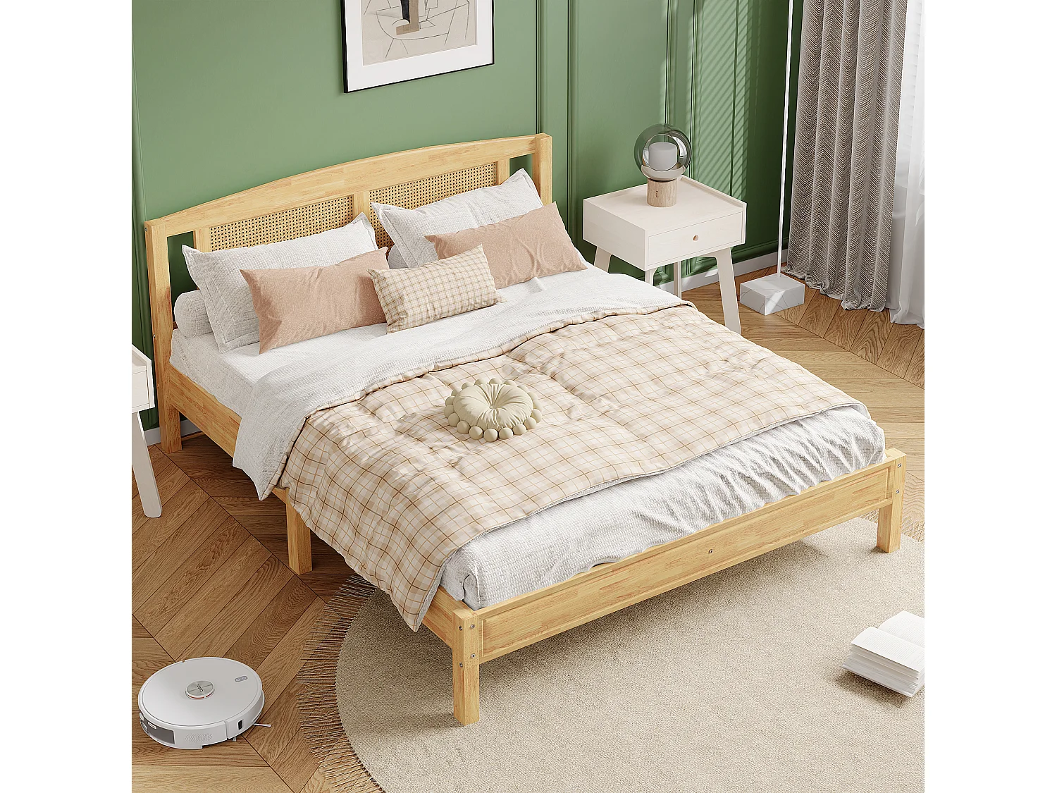 Tweepersoons bed voor volwassenen 160X200 cm - grenenhout en rotan hoofdeinde - Naturel